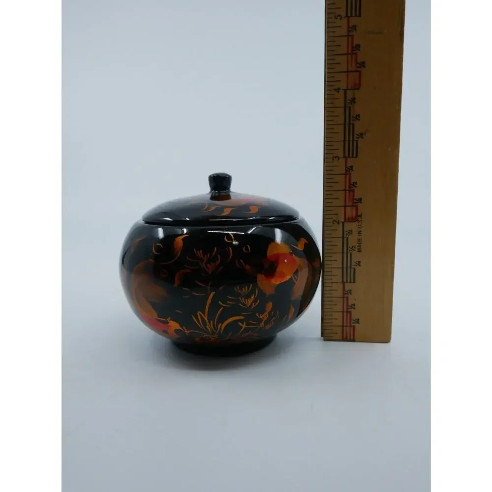 Round Lidded Lacquer Trinket Box Fancy Goldfish Hand Painted Designs Black Gloss